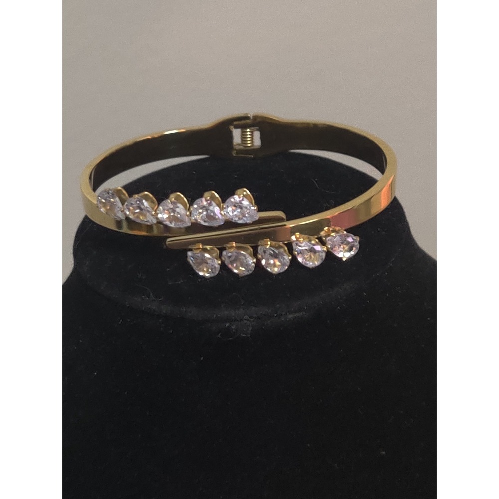 Gold Tone Bypass Bangle Bracelet Pear Cut Cubic Zirconia Hinge Cuff Womens